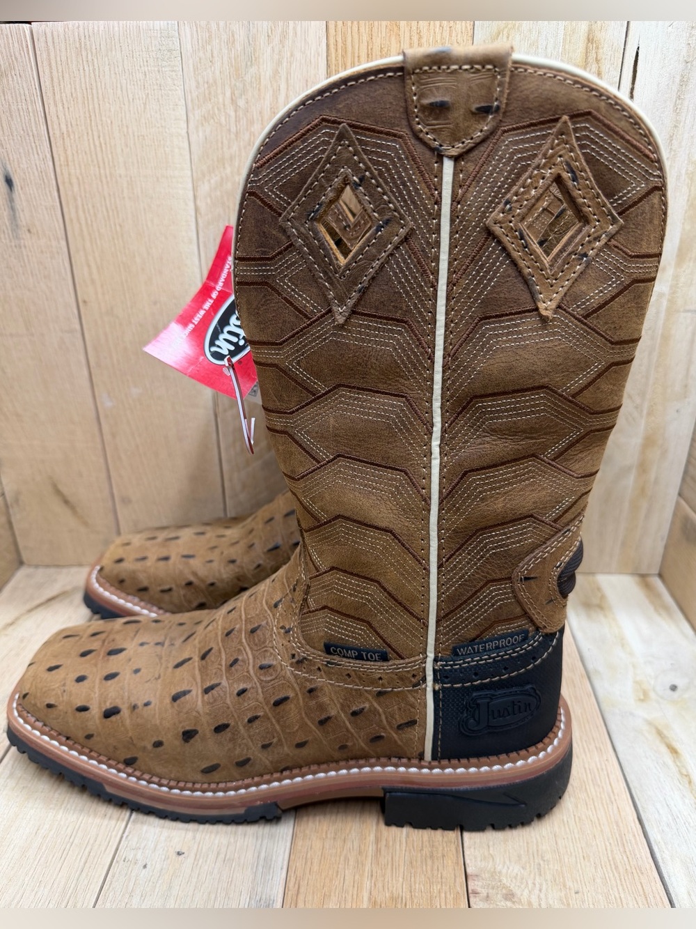 Justin Waterproof Composite Toe Western Work Boots Leather Tan/Brown Men's 8.5D